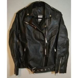 URBEST Black Faux Leather Jacket Belted Waist Women's Large
